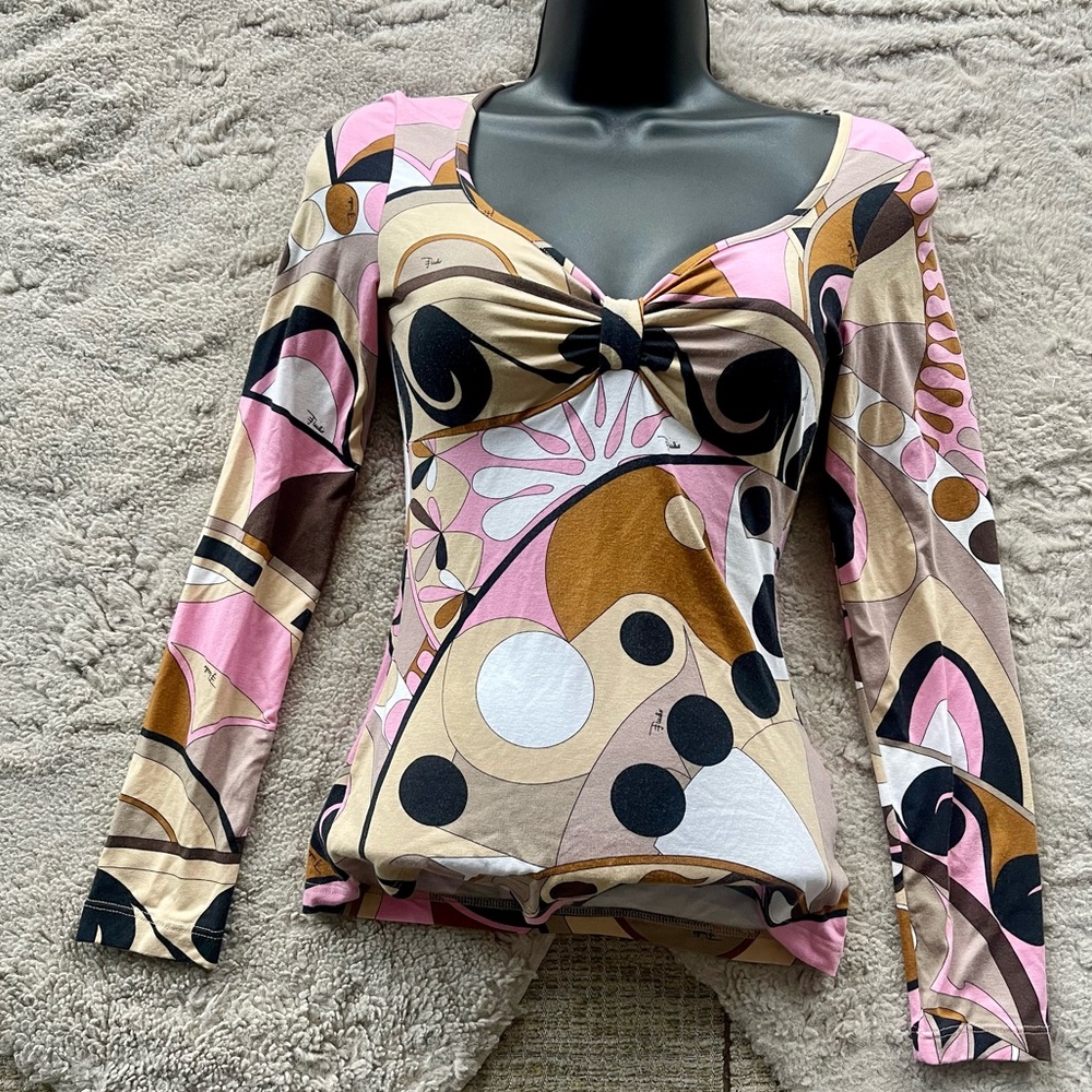 Emilio Pucci Pink, Beige & Black Abstract Print Long Sleeve Top